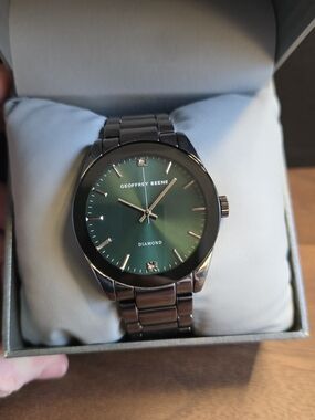 Geoffrey Beene Men’s Green Dial Stainless Steel Gunmetal Watch-New!